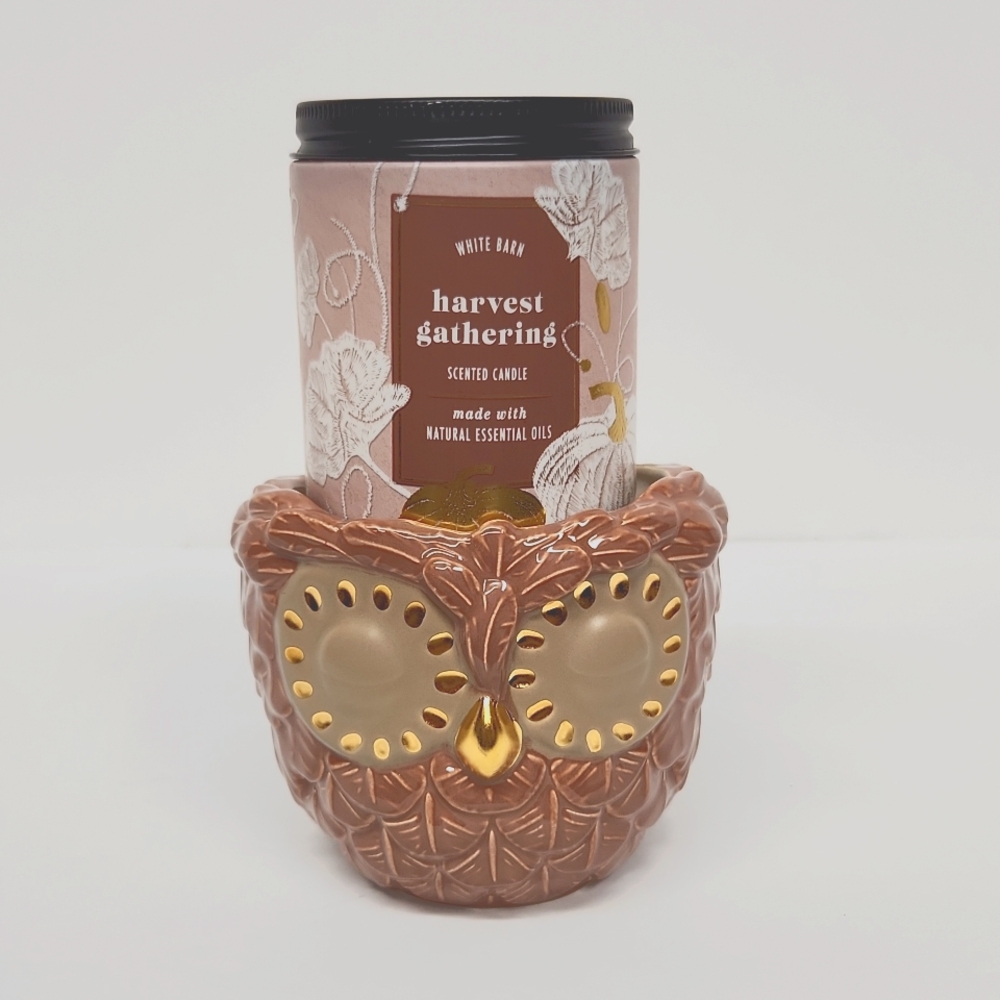 Bath & Body Works Single Wick Ceramic Owl Holder With Harvest Gathering Candle